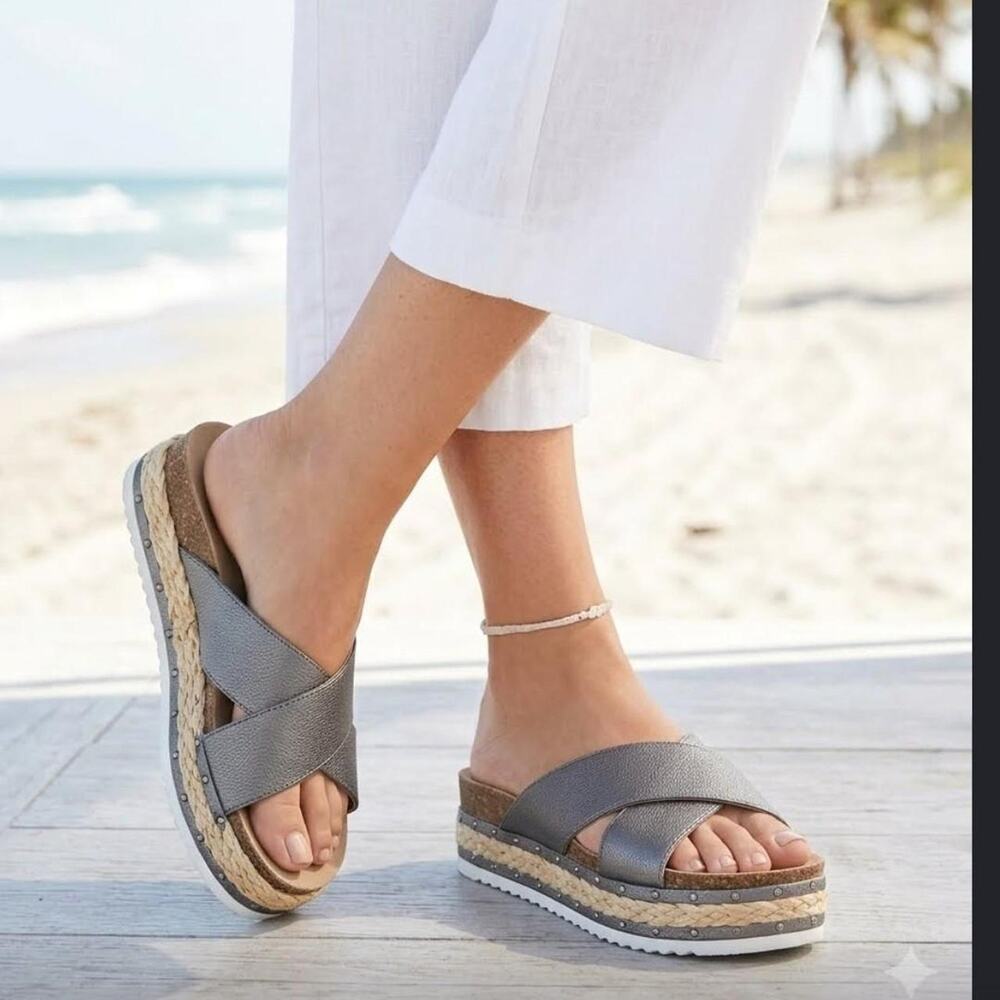 Grey leather wedge platform sandals